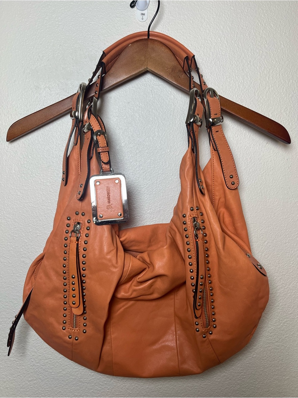 b. makowsky Vintage Y2K Orange Stud-Trim Hobo Shoulder Bag